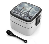 Boîte à bento Tour Eiffel Winter Rainy 1000 ml, contenant anti-fuite avec séparateurs amovibles et cuillère - Boîte à lunch empilable en PP sans BPA pour le travail, le bureau, les pique-niques, les