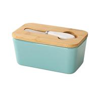 Boîte à beurre artisanale en céramique avec couvercle en bambou et couteau à beurre, boîte rectangulaire hermétique Compatible with beurre et fromage, argile minérale Plateau de desserts(Blauw)