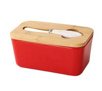 Boîte à beurre artisanale en céramique avec couvercle en bambou et couteau à beurre, boîte rectangulaire hermétique Compatible with beurre et fromage, argile minérale Plateau de desserts(Rot)