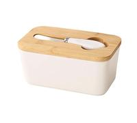 Boîte à beurre artisanale en céramique avec couvercle en bambou et couteau à beurre, boîte rectangulaire hermétique Compatible with beurre et fromage, argile minérale Plateau de desserts(Wit)
