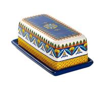 Boîte à beurre en céramique peinte à la main avec couvercle, plat rectangulaire sous glaçure de style américain, boîte à beurre artisanale unique, dôme à fromage Plateau de desserts(Blauw)