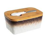 Boîte à beurre en porcelaine avec couvercle en bambou, beurrier rectangulaire aux couleurs dégradées, boîte à fromage, cloche à dessert lavable au lave-vaisselle Plateau de desserts(Brown)