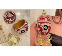 Boîte à bijoux 5 étoiles faite à la main en forme d'œuf impérial russe Fabergé rouge rubis pour Noël, décoration de Nouvel An, maman, départ à la retraite, décoration or pur, 300 cristaux autrichiens