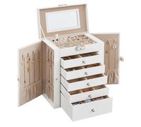 Boîte à Bijoux 6 Niveaux, Écrin à Accessoires, Coffre,Miroir, Serrure, Rangement Bijoux, Surface Blanc Nuage, Doublure Beige Sable