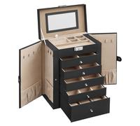 Boîte à Bijoux 6 Niveaux, Écrin à Accessoires,Coffre,Miroir, Serrure, Rangement Bijoux, Surface Noir d'Encre, Doublure Beige Sable