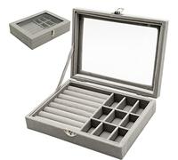 Boîte à bijoux à 9 compartiments - Organiseur de bijoux en velours verrouillable - Plateau de déménagement - Fente de rangement pour bagues, boucles d'oreilles, colliers - Gris
