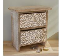 Boite à bijoux avec deux tiroirs ""Mango wood"" en bois gravé - Beige - L 20 x P 21 x H 10 cm