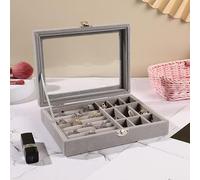 Boîte à bijoux avec fenêtre pour boucles d'oreilles et colliers, boîte de rangement pour bijoux (gris)