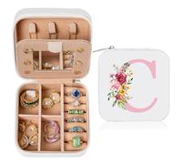 Boîte à Bijoux avec Initiales Nom, Boite a Bijoux Femme, PU Boite Rangement Bijoux, Petite Boîte de Rangement de Bijoux de Voyage Avec Miroir pour Cadeau fille, Cadeau mère, Cadeau anniversaire(C)