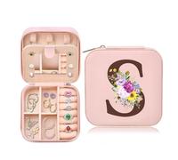 Boîte à Bijoux avec Initiales Nom, PU Boite Rangement Bijoux, Petite Boîte de Rangement de Bijoux de Voyage Avec Miroir pour Femme Fille, Mère, Cadeau Noël Saint Valentin Anniversaire, Rose(S)