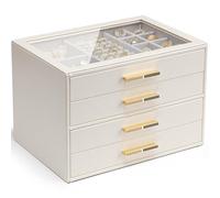 Boîte à bijoux blanche Vlando avec couvercle en verre, organisateur de bijoux à 4 niveaux, rangement de bijoux avec 4 tiroirs pour montres, lunettes de soleil, cadeau pour femmes, pour bague, collier