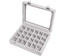 Boite a Bijoux - Boite de Rangement a Bijoux Grise avec 24 Compartiments Présentoir pour Bague avec Intérieur en Velours, Couvercle en Verre et Verrou