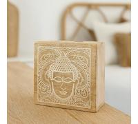 Boîte à bijoux Bouddha Blanc 10 x 10 x 4,2 cm - Coffret carré en bois de mangue sculpté à la main - Style Zen, Boho et Spirituel 2506250921