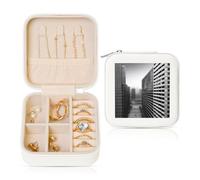 Boîte à bijoux carrée blanche en cuir - Rangement portable avec imprimé horizon urbain pour femme, cadeau idéal pour geburtstag et Saint-Valentin