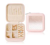 Boîte à bijoux carrée en cuir rose - Portable - Joli motif imprimé pailleté pour bagues, boucles d'oreilles - Cadeau idéal pour les femmes et les filles