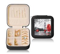 Boîte à bijoux carrée noire en cuir - Rangement portable avec imprimé rue de Londres rouge pour femme, cadeau idéal pour geburtstag et Saint-Valentin