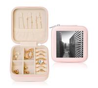 Boîte à bijoux carrée rose en cuir - Rangement portable avec imprimé horizon urbain pour femme, cadeau idéal pour geburtstag et Saint-Valentin