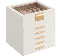 Boite A Bijoux Coffret à bijoux avec couvercle en verre, organiseur de bijoux à 6 niveaux, 5 tiroirs, for petits et grands bijoux, cadeau de Noël, 8 x 9,1 x 9 pouces