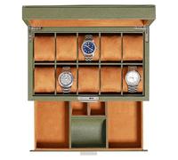 Boîte à bijoux Coffret à montres 10 compartiments en cuir, présentoir de luxe avec doublure en microsuède ultra douce, présentoir à bijoux et lunettes de soleil avec grand plateau en verre.