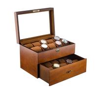 Boîte à bijoux Coffret à montres avec couvercle en verre et 20 compartiments, présentoir à bijoux, présentoir à bracelets, coussins moelleux et serrure métallique verrouillable