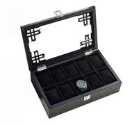 Boîte à bijoux Coffret de rangement en bois for 10 montres, bijoux, couvercle en verre, plateau for bracelets, boucle métallique verrouillable et 10 coussins de rangement amovibles(Black)