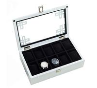 Boîte à bijoux Coffret de rangement en bois for 10 montres, bijoux, couvercle en verre, plateau for bracelets, boucle métallique verrouillable et 10 coussins de rangement amovibles(White)