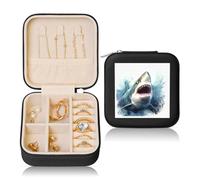 Boîte à bijoux de voyage en cuir pour femme - Motif requin dans la mer - Mini étui de voyage avec fermeture éclair pour boucles d'oreilles, bracelets, bagues et colliers