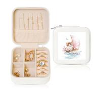 Boîte à bijoux de voyage en forme de chaton aquarelle dans un voilier, fleurs, étui de rangement en cuir synthétique pour bagues, boucles d'oreilles, pendentifs, colliers pour filles et femmes