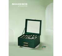 Boîte à Bijoux, Écrin à Accessoires 3 Niveaux, Coffre de Rangement, Couvercle en Verre, 2 Tiroirs, Rangement pour Bijoux, Beaucoup d'Espace, Moderne, Vert Forêt et Doré