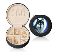 Boîte à bijoux en cuir avec imprimé loup sous la lune pour femme, petite boîte à bijoux portable pour bague, pendentif, boucles d'oreilles, noir