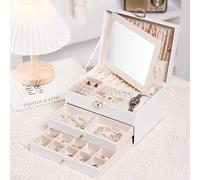 Boite a Bijoux Femme,Coffret à Bijoux,Grande Boîte à Bijoux 3 Niveaux,2 Tiroirs avec Miroir et Serrure Et uir Synthétique,Bote Rangement Bijoux pour Bagues Bracelets,Boucles D'oreilles,Colliers