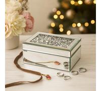 Boîte à bijoux moderne en cristal miroir argenté et strass écrasés - Tiroirs en velours noir pour bijoux - Organiseur de maquillage décoratif, cadeau idéal pour anniversaire ou mariage