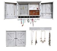 Boîte à bijoux murale rustique en bois à suspendre avec décoration porte de grange pour colliers, boucles d'oreilles, bracelets, bagues, accessoires. Comprend un organiseur à crochets. blanc