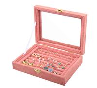Boîte à Bijoux pour Femme Filles, Organisateur à Bijoux, Velours Coffret à Bijoux Plateau Rangement avec Couvercle Verre Transparent pour Boucledoreille Bagues Présentoir (15x20cm, Rose)