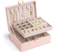 Boîte à bijoux Vlando, 2 couches, boîte de rangement pour bijoux, grande, boîte à bijoux pour femmes et filles, plateau amovible pour bagues, boucles d'oreilles et colliers, cadeau pour femmes