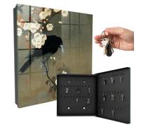 Boîte à clés métal & Verre 30x30x5 cm Corbeau et Fleurs Porte Droite Noir