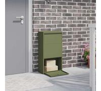 Boîte à colis moderne en acier vert olive 44 x 22 x 82 cm avec serrure et fermeture à loquet pour un rangement sûr des colis dans le jardin ou à l'extérieur.