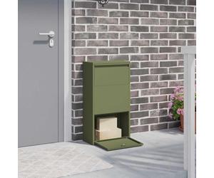 Boîte à colis moderne en acier vert olive 44 x 22 x 82 cm avec serrure et fermeture à loquet pour un rangement sûr des colis dans le jardin ou à l'extérieur.