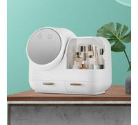 Boîte à cosmétiques Make-Up Organiser Rangement avec lumière LED, miroir HD Recharge USB avec un sèche-cheveux Blanc