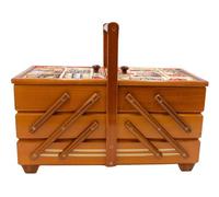 Boîte à couture de qualité supérieure en bois plaqué avec 7 compartiments et housse en tissu - Motif aiguilles en acajou - Dimensions (L x l x H) : 42 x 20 x 21 cm