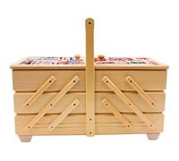 Boîte à couture de qualité supérieure en bois plaqué avec 7 compartiments et housse en tissu - Motif aiguilles - Naturel - Dimensions (L x l x H) : 42 x 20 x 21 cm