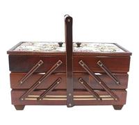 Boîte à couture de qualité supérieure en bois plaqué avec 7 compartiments et housse en tissu - Motif roses - Marron - Dimensions (L x l x H) : 42 x 20 x 21 cm