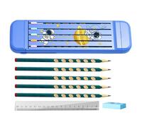 Boîte à crayons multifonctionnelle, trousse de rangement divisée multifonctionnelle - Boîte à crayons de bureau avec 5 crayons, gomme, règle pour la maison et l'école, bleu, Refer to description