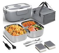 Boîte à déjeuner électrique pour le travail - 12 V/24 V/110-220 V - Chauffe-aliments pour voiture, camion, extérieur avec 2 récipients en acier inoxydable pour adultes et camping (gris)