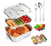 Boîte a Déjeuner En Acier Inoxydable: Boîte De Pique-Nique Portable Double Couche, Y Compris Set De Couverts, Stainless Steel Lunch Box Pour Pique Nique, Ecole, Travail, Passe Au Lave-Vaisselle