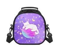 Boîte à déjeuner isotherme avec poignée pour l'école, le camping et les pique-niques, motif chat galaxie, violet et planète violette