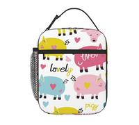 Boîte à déjeuner isotherme en polyester pour femme, motif cochon avec un cœur pêche pour pique-nique, travail, voyage, plage ou randonnée, sac à déjeuner isotherme