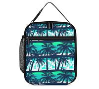 Boîte à déjeuner isotherme palmiers tropicaux sac à déjeuner portable réutilisable avec poche latérale, rayures bleu marine petit sac isotherme fourre-tout pour hommes femmes travail
