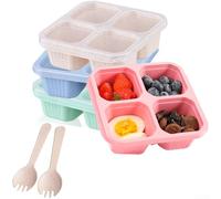 Boîte à déjeuner réutilisable à 4 compartiments avec couvercle - 4 couleurs - Comprend une fourchette en fibre végétale PP - Boîte portable empilable pour bureau, pique-nique, voyage - 16,5 x 15,5 x