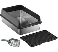 Boîte à litière pour chats, matériau en acier inoxydable, côtés hauts pour grands chats, set complet avec tapis et pelle, noir